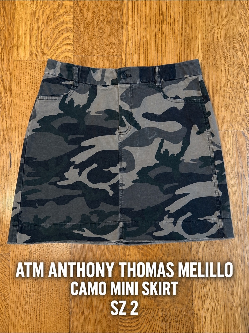 ATM Anthony Thomas Melillo Camo Mini Skirt Size 2 Stretch Cotton Raw hem